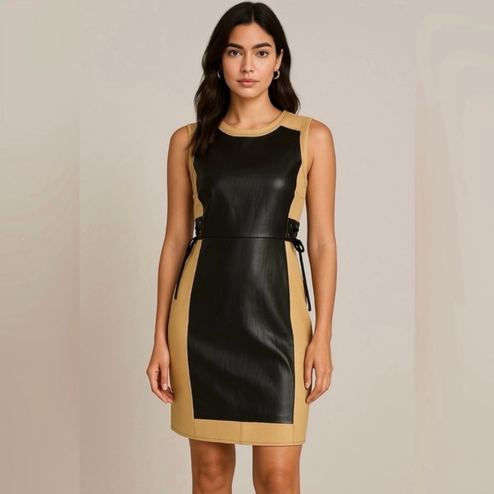 Tracy Reese Sleeveless Black and Tan Dress with Leather Inserts
